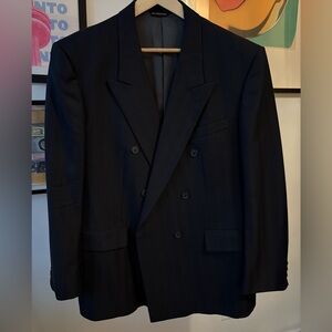 Bosa Vintage 90s Double Breasted Blazer Herringbone Navy with Lt Blue Stripe 54R